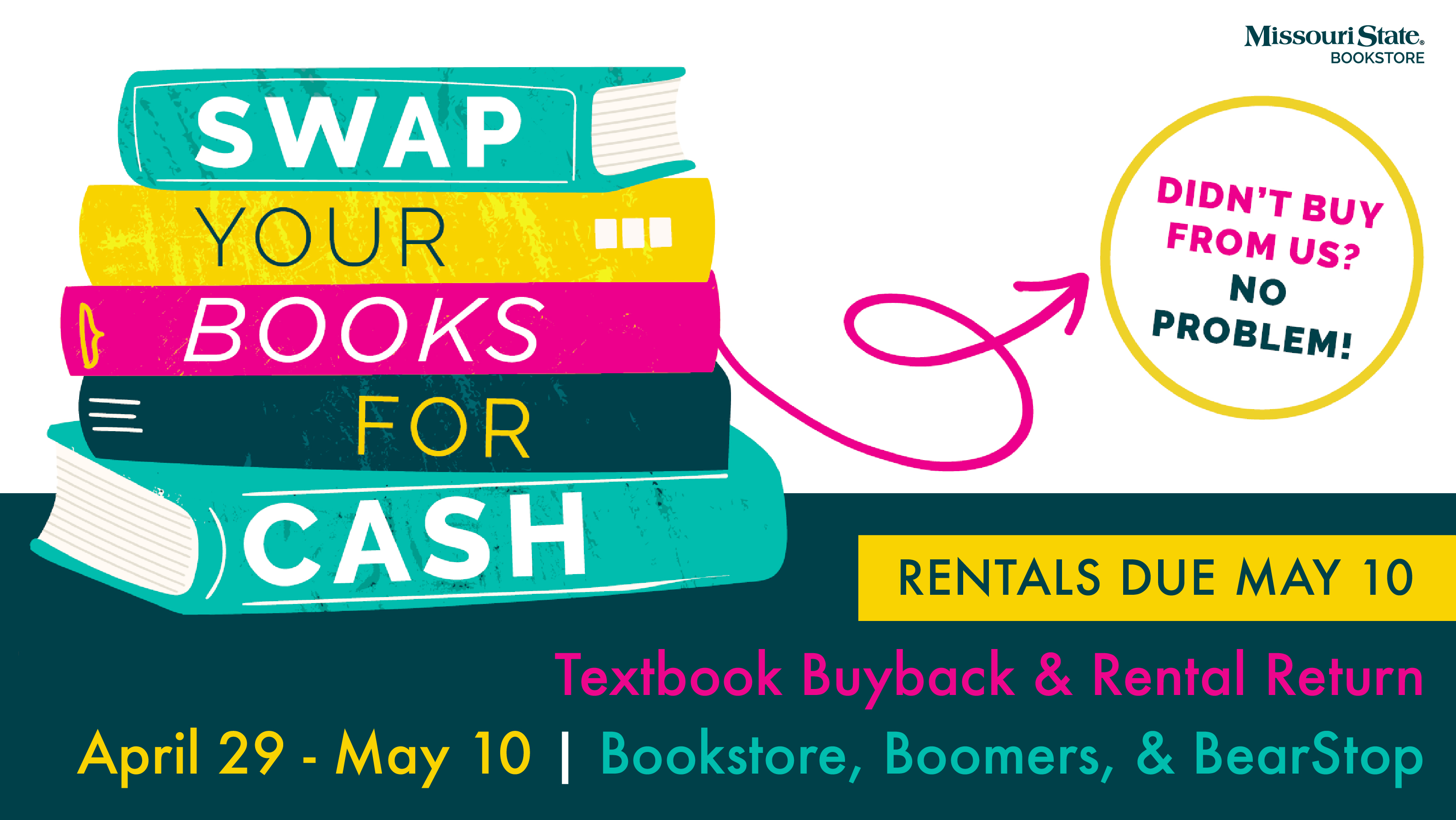 NSwap your books for cash, Didn't buy from us? No problem. Rentals due May 10, Textbook buyback and rental return, April 29- May 10, Bookstore, Boomers, and Bear Stop.