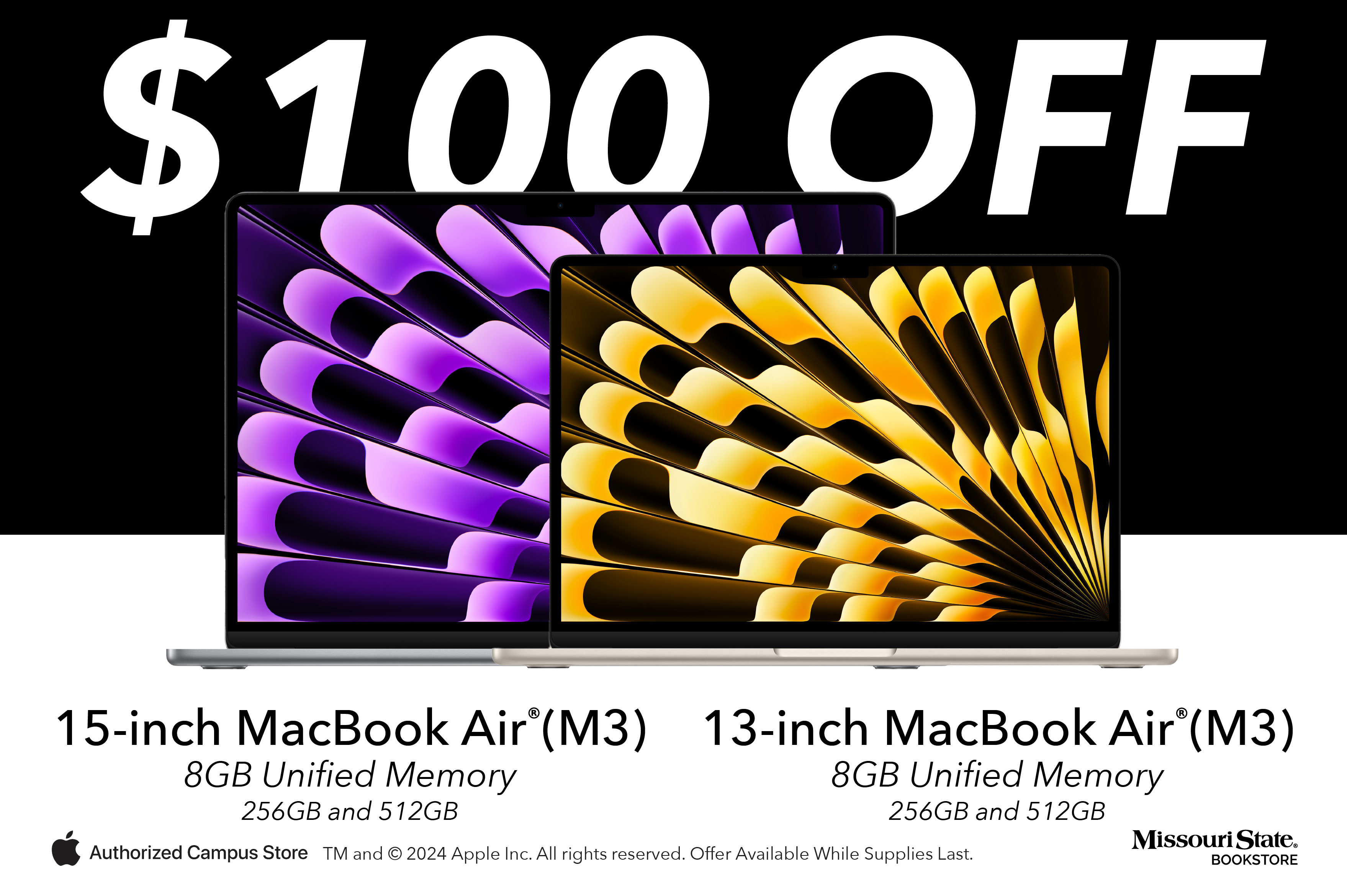 $100 off 15-inch MacBook Air (M3) and 13-inch MacBook Air (M3).