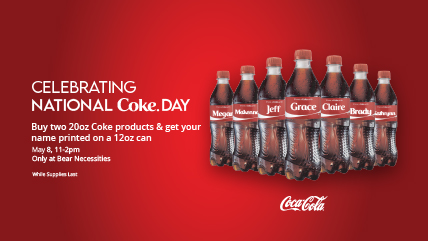 Celebrate National Coke day with us at Bear Neccesities n the Plaster Student Union!