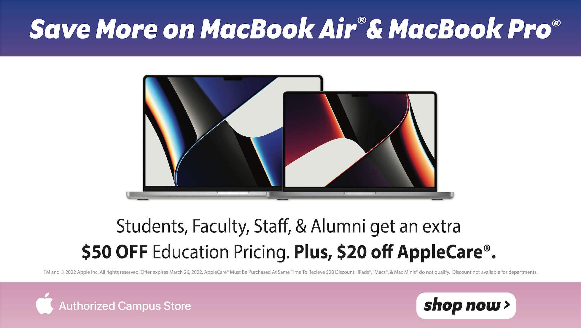 get $50 off MacBook Pro and MacBook Air + $20 off apple care instore and online, only at the mo state bookstore. shop now