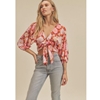 Front Tie Balloon Sleeve Pink Floral Print Top