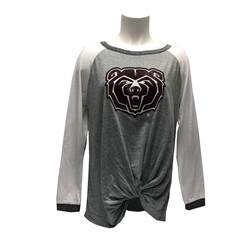 Game Day Ladies Bear Head Gray Long Sleeve with Elbow Patches Tee