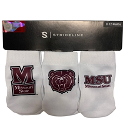 Strideline Missouri State Bear Head and MSU Missouri State Multi-Logo 0-12 Month White 3 Pack of Socks