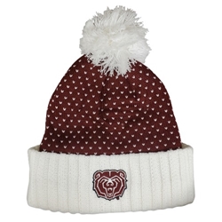 LogoFit Ladies Bear Head Maroon and White Heart Stocking Cap with Pom