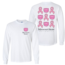 Gildan Bear Head Missouri State University Pink Ribbons and Bears Design White Long Sleeve Tee