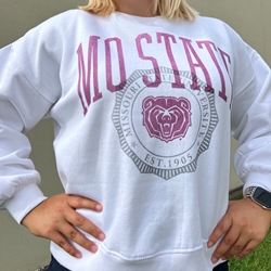 Pressbox Mo State Bear Head Faux Seal Ladies White Crewneck