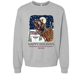 Original Bearwear Happy Holidays Missouri State University Bears Santa Flying Over Carrington Hall Gray Crewneck