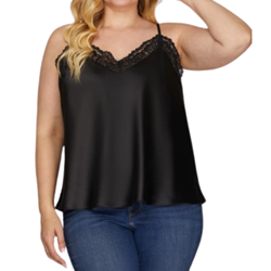 Curvy Lace Trim Satin Black Cami Tank Top