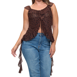 Curvy Animal Mesh Print Ruffle Top