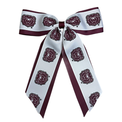 USA Bows Bear Head Maroon and White Ribbon Cheer Pony