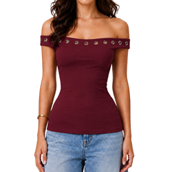 Off The Shoulder Eyelet Maroon Top