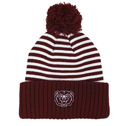 LogoFit Bear Head Maroon and White Stripe Cap with Pom